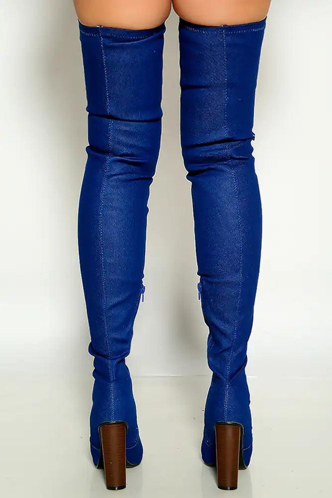 Blue Denim Pointy Toe Chunky Heel Thigh High Boots - AMIClubwear