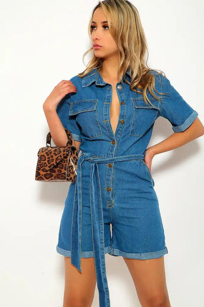 Blue Denim Short Sleeve Romper - AMIClubwear