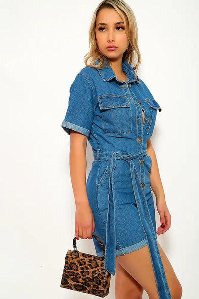 Blue Denim Short Sleeve Romper - AMIClubwear