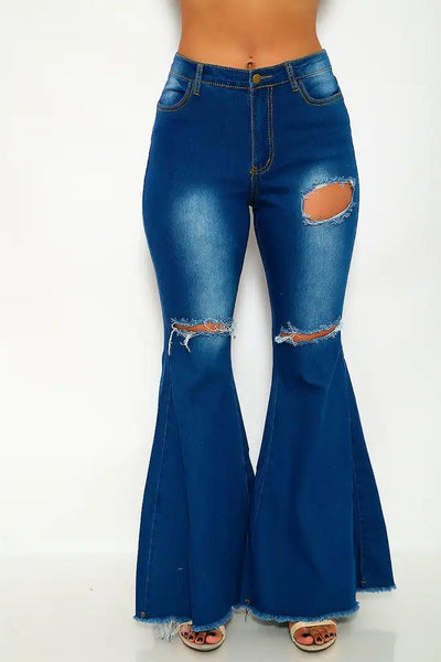Blue Distressed Flared Jeans - AMIClubwear