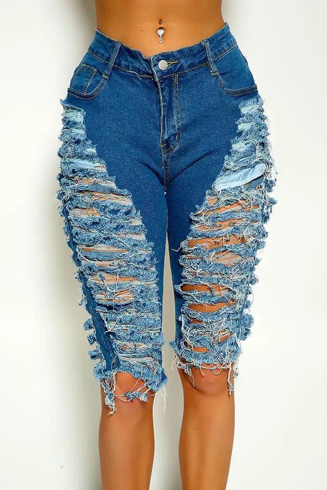 Blue Distressed Knee Length Denim Shorts - AMIClubwear