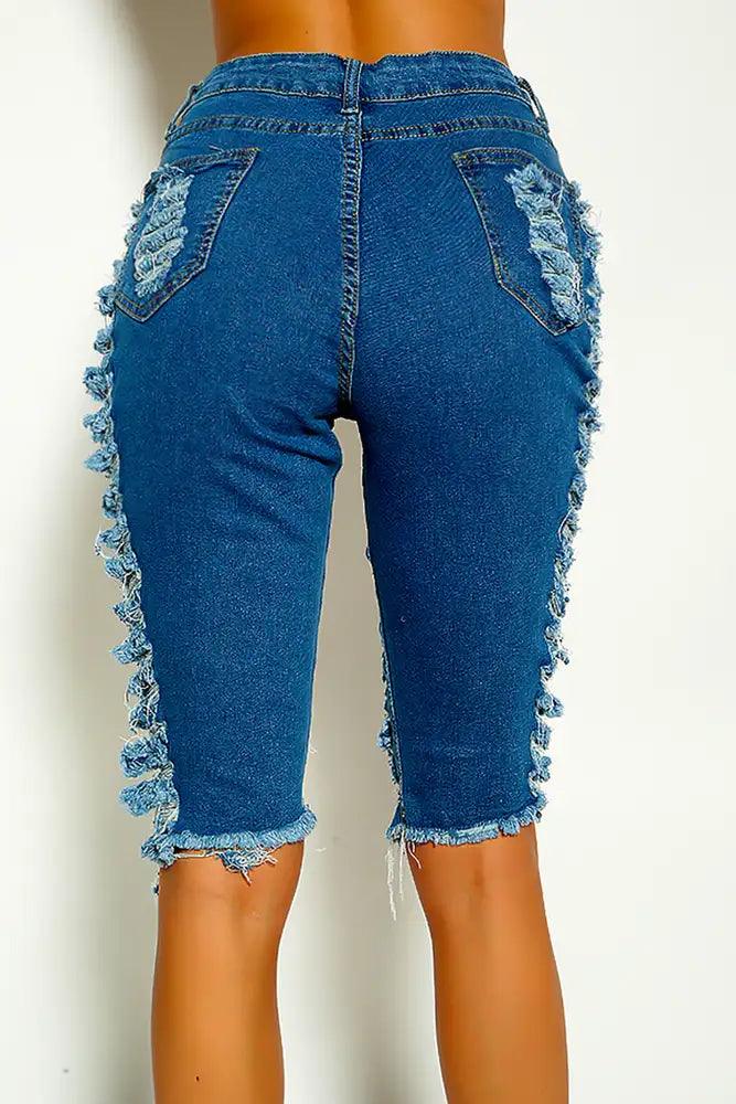 Blue Distressed Knee Length Denim Shorts - AMIClubwear