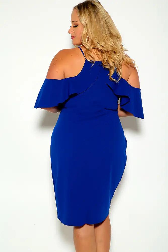 Blue Draped Short Sleeve Plus Size Party Dress - AMIClubwear