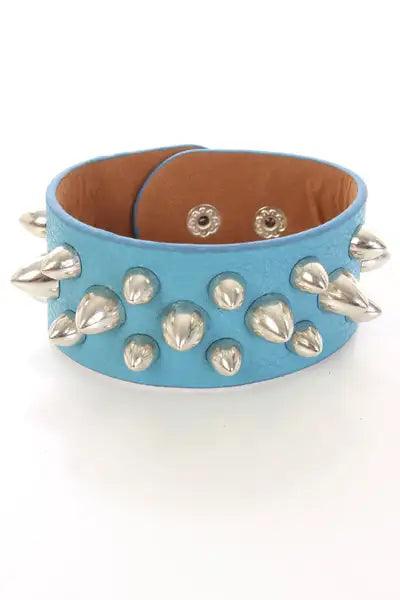 Blue Faux Leather Spike Bracelet - AMIClubwear