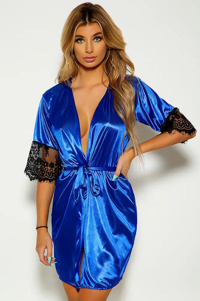 Blue Faux Satin Robe - AMIClubwear