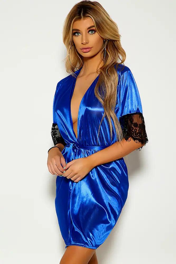 Blue Faux Satin Robe - AMIClubwear