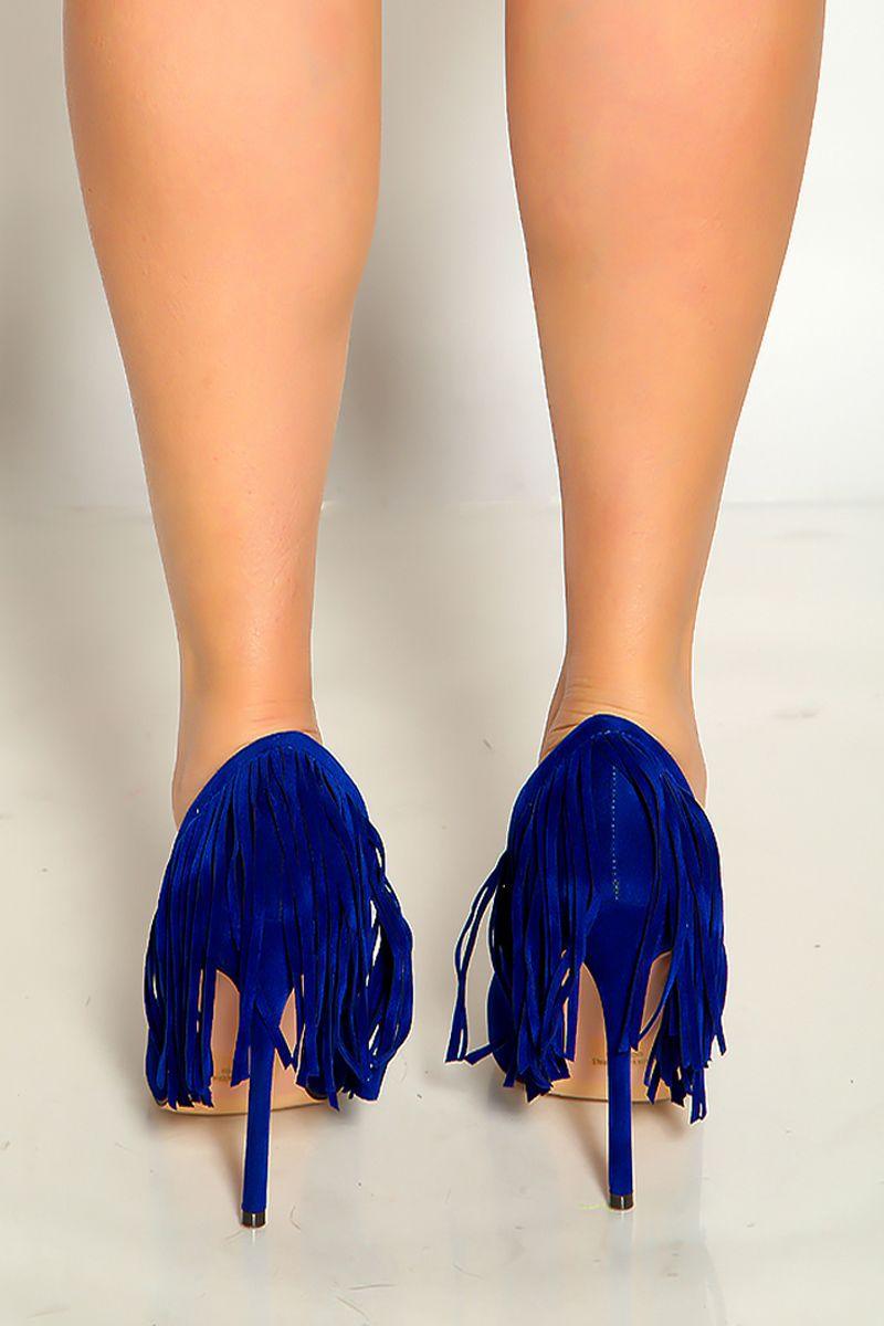 Blue Faux Suede Fringe High Heels - AMIClubwear