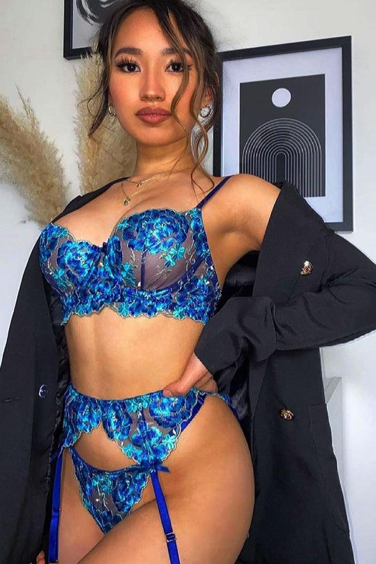 Blue Floral Embroidered Sheer Mesh Sexy Lingerie 3 Pc Set - AMIClubwear