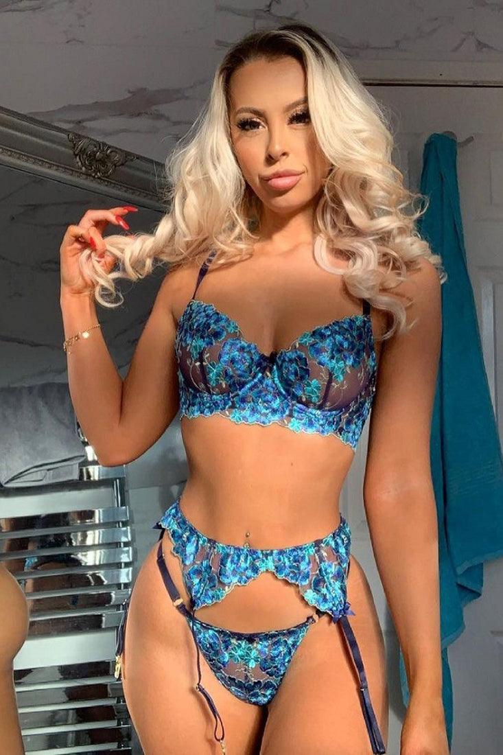 Blue Floral Embroidered Sheer Mesh Sexy Lingerie 3 Pc Set - AMIClubwear