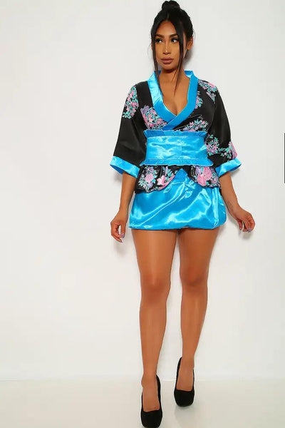 Blue Floral Print 4 Piece Kimono Costume - AMIClubwear