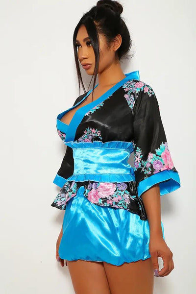 Blue Floral Print 4 Piece Kimono Costume - AMIClubwear