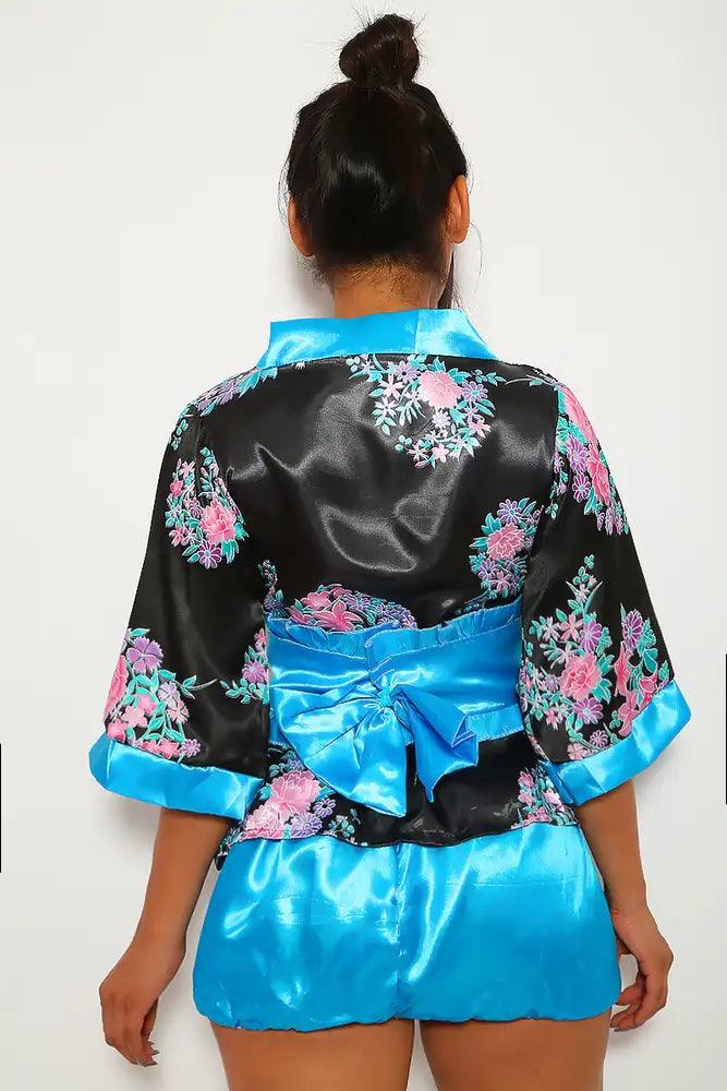 Blue Floral Print 4 Piece Kimono Costume - AMIClubwear