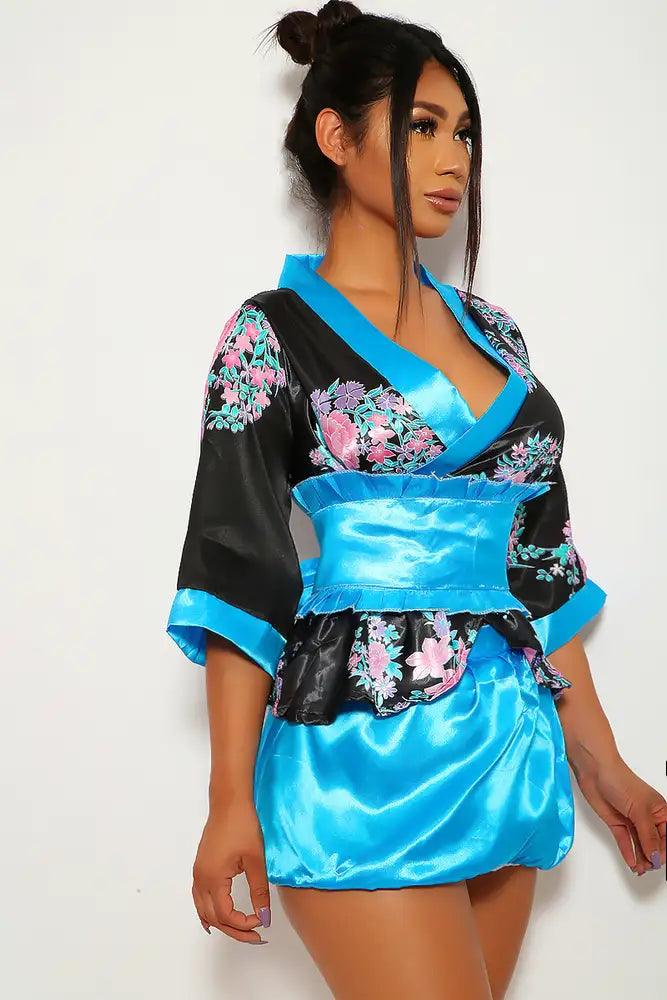 Blue Floral Print 4 Piece Kimono Costume - AMIClubwear