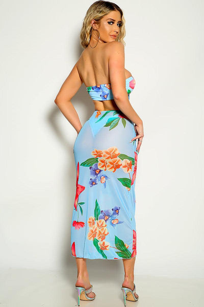Blue Floral Print Bandeau Three Piece Swimsuit - AMIClubwear
