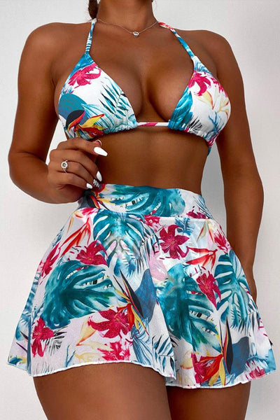 Blue Floral Print Cheeky Three Piece Swimsuit - AMIClubwear