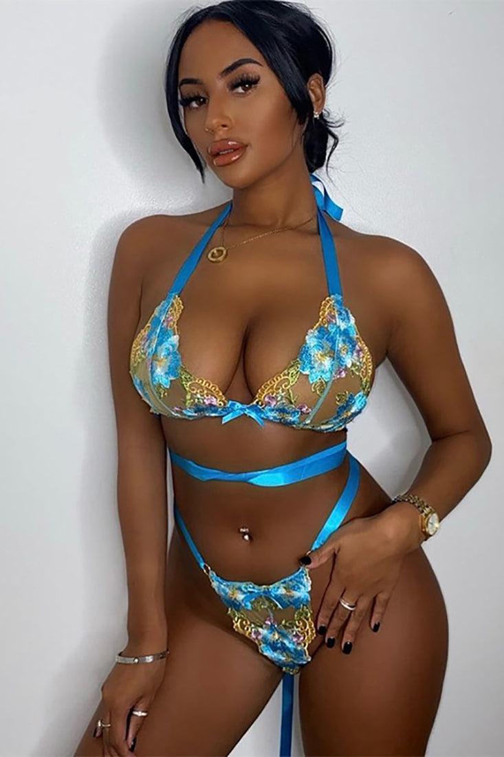Blue Floral Print Embroidered Two Piece Lingerie - AMIClubwear