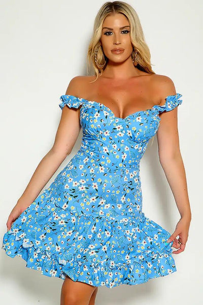 Blue Floral Print Sleeveless Ruffled Summer A-Line Dress - AMIClubwear