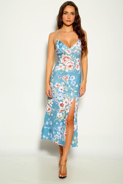 Blue Floral Print V-Cut Sleeveless Sexy Maxi Party Dress - AMIClubwear