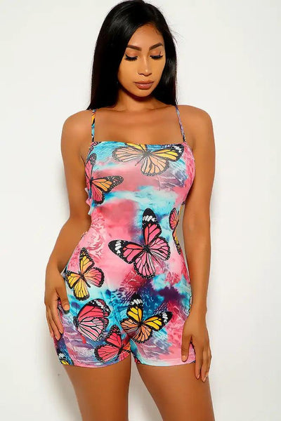 Blue Fuchsia Butterfly Print lace Up Romper - AMIClubwear