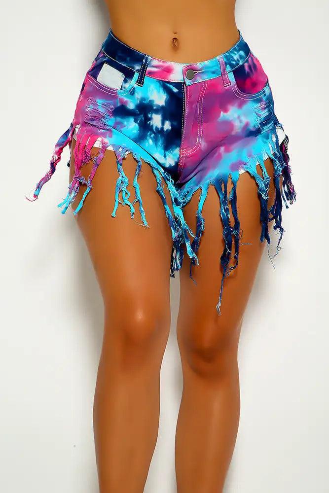 Blue Fuchsia Fringe Tie Dye Shorts - AMIClubwear