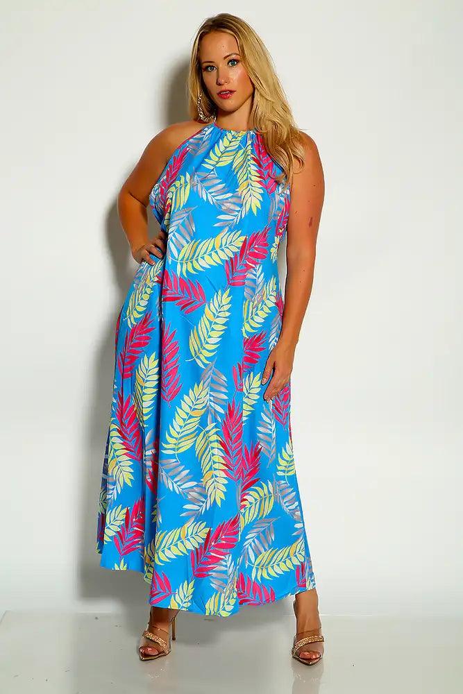 Blue Fuchsia Halter Leaf Print Plus Size Maxi Dress - AMIClubwear