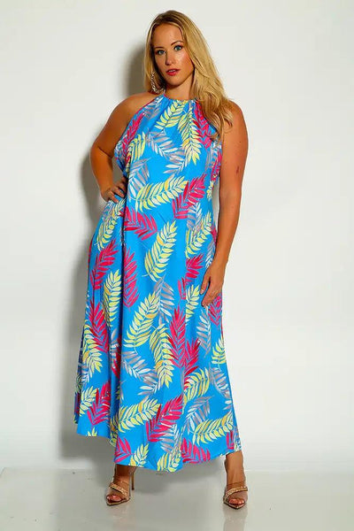 Blue Fuchsia Halter Leaf Print Plus Size Maxi Dress - AMIClubwear