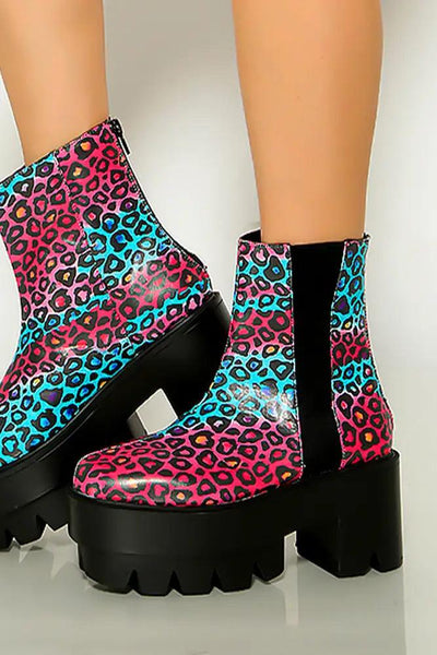 Blue Fuchsia Leopard Traction Sole Platform Booties Faux Leather - AMIClubwear