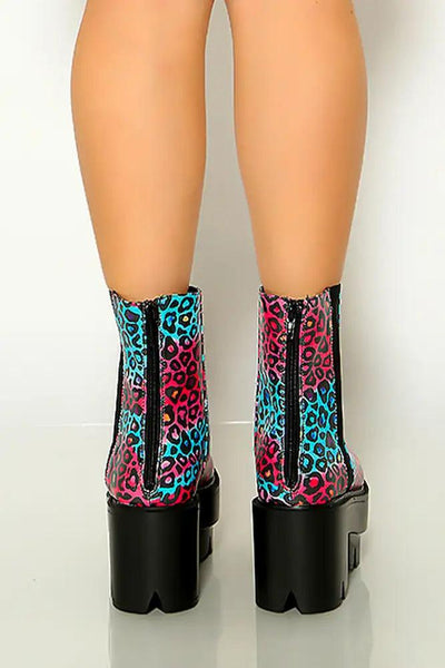 Blue Fuchsia Leopard Traction Sole Platform Booties Faux Leather - AMIClubwear