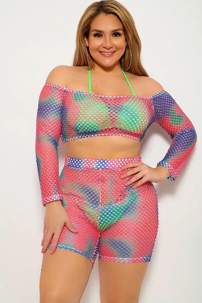 Blue Fuchsia Plus Size Netted Two Piece Outfit - AMIClubwear