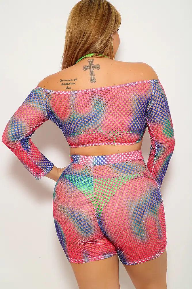 Blue Fuchsia Plus Size Netted Two Piece Outfit - AMIClubwear