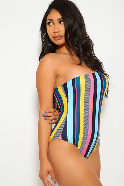 Blue Fuchsia Striped One Shoulder One Piece Swimsuit - AMIClubwear