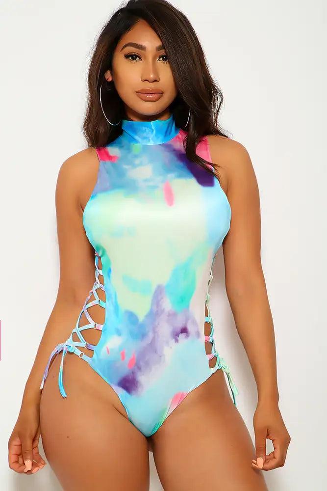 Blue Fuchsia Water Color Lace-Up One Piece Swimsuit - AMIClubwear