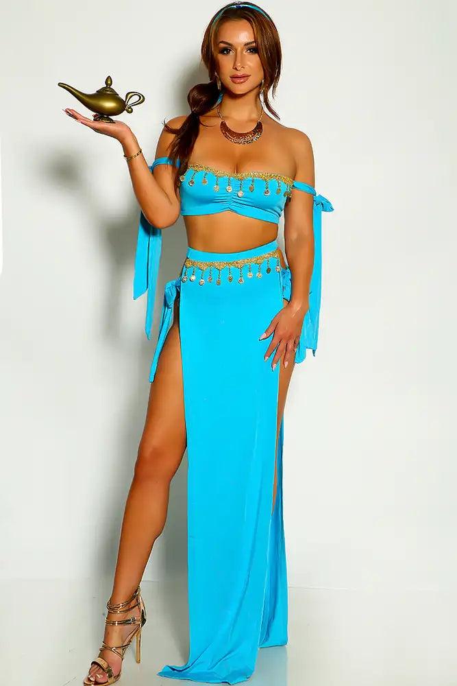 Blue Gold Fringe Embroidered Trim Princess Jas Two Piece Costume - AMIClubwear