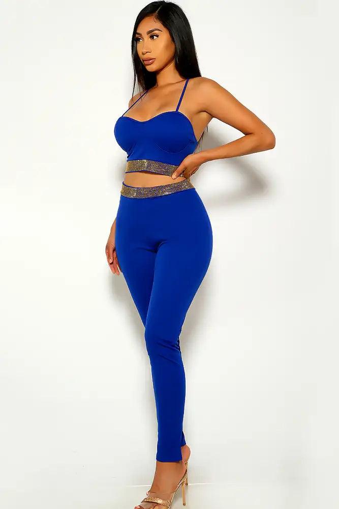 Blue Gold Rhinestone Two Piece Outfit - AMIClubwear