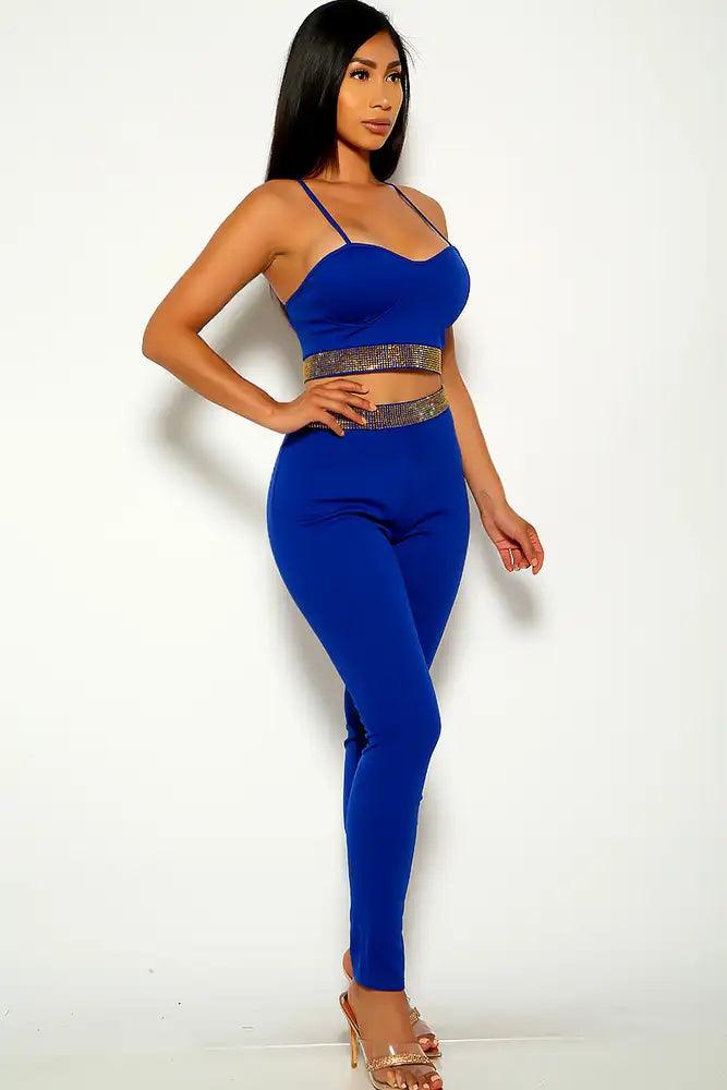 Blue Gold Rhinestone Two Piece Outfit - AMIClubwear