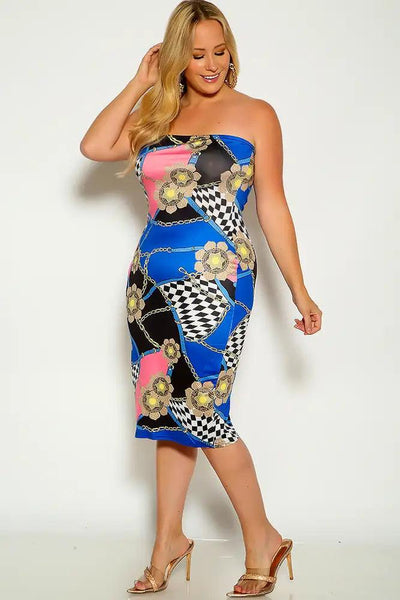 Blue Gold Strapless Graphic Print Fitted Plus Size Party Dress - AMIClubwear