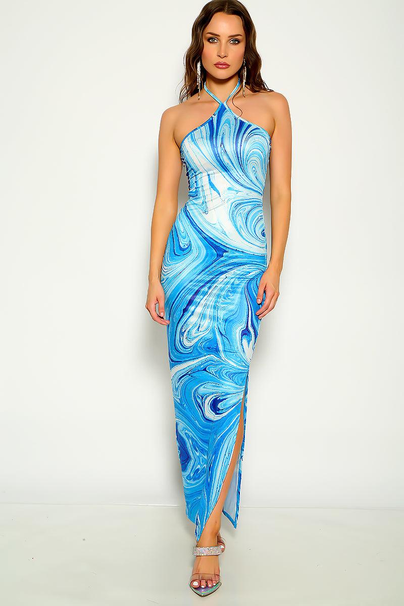 Blue Graphic Print Halter Maxi Sexy Party Dress - AMIClubwear