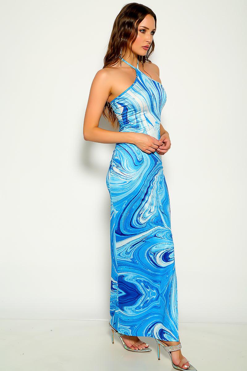Blue Graphic Print Halter Maxi Sexy Party Dress - AMIClubwear