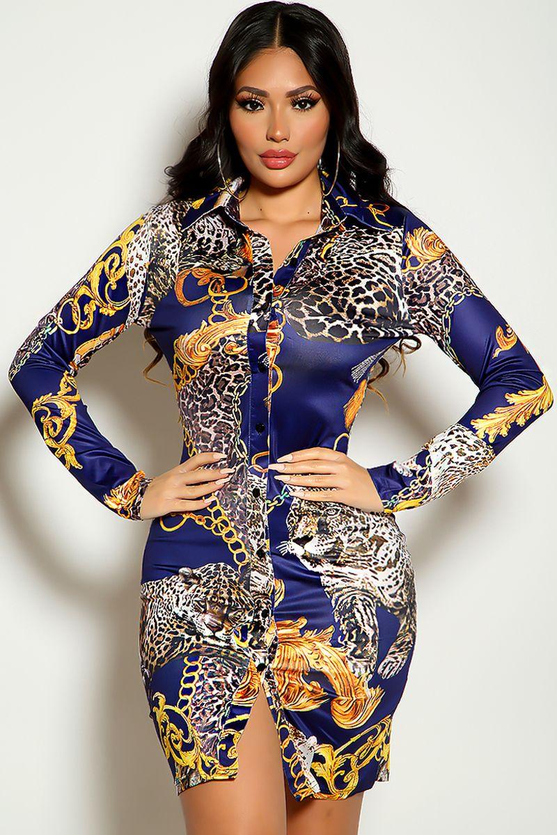 Blue Graphic Print Long Sleeve Button Up Dress - AMIClubwear