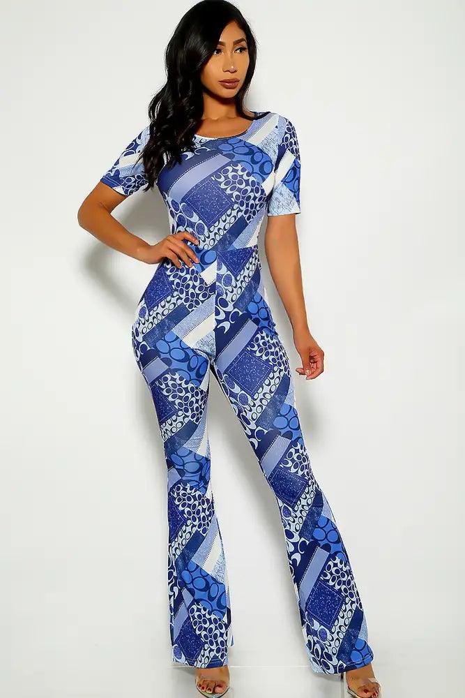 Blue Graphic Print Short Sleeve Jumpsuit - AMIClubwear