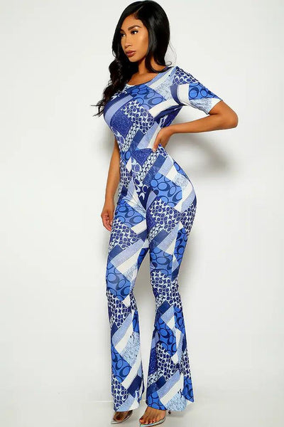 Blue Graphic Print Short Sleeve Jumpsuit - AMIClubwear