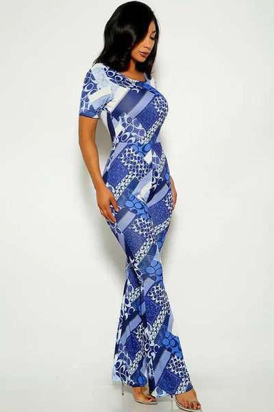 Blue Graphic Print Short Sleeve Jumpsuit - AMIClubwear