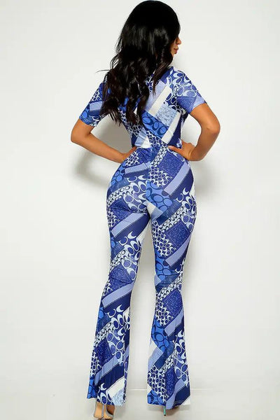 Blue Graphic Print Short Sleeve Jumpsuit - AMIClubwear