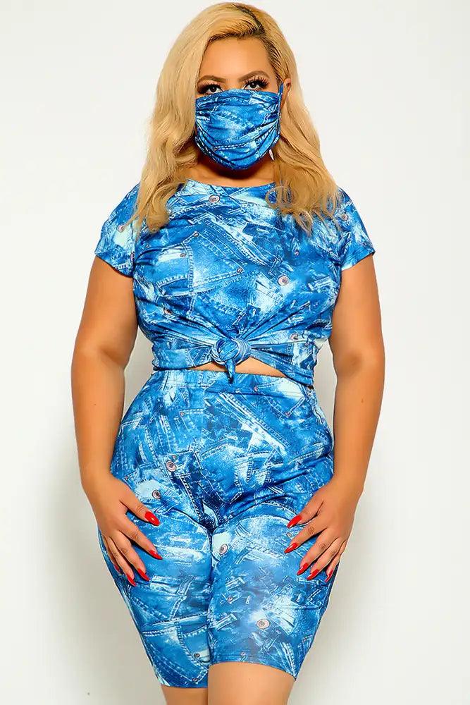 Blue Graphic Print Short Sleeve Plus Size 3 Piece Outfit - AMIClubwear