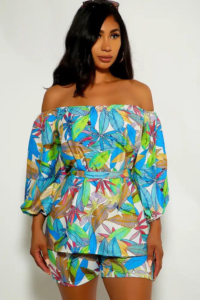 Blue Green Leaf Print Two Piece Outfit - AMIClubwear