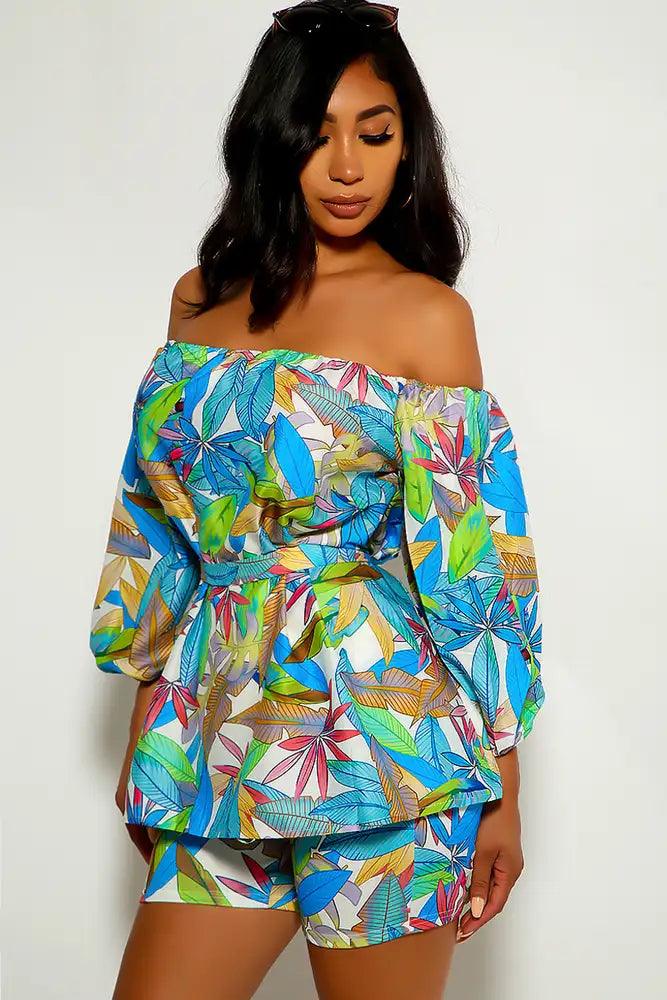 Blue Green Leaf Print Two Piece Outfit - AMIClubwear