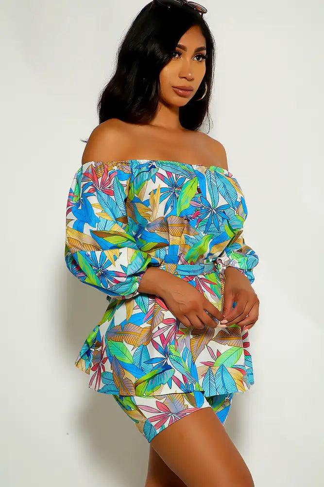 Blue Green Leaf Print Two Piece Outfit - AMIClubwear