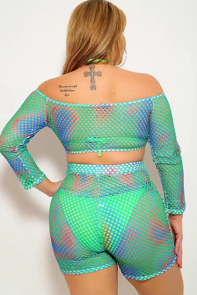 Blue Green Plus Size Netted Two Piece Outfit - AMIClubwear