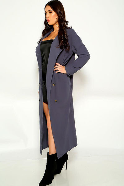 Blue Grey Long Sleeve Button Trench Coat - AMIClubwear