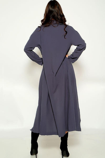 Blue Grey Long Sleeve Button Trench Coat - AMIClubwear